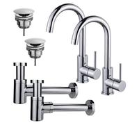 Fortifura Calvi Kit robinet lavabo - pour double vasque - robinet haut - bec rotatif - bonde non-obturable - siphon design bas - Chrome brillant 2x SW809346/2x SW696209/2x SW696219