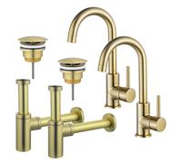 Fortifura Calvi Kit robinet lavabo - pour double vasque - robinet haut - bec rotatif - bonde non-obturable - siphon design - Laiton brossé PVD 2x SW809349/2x SW696208/2x SW696213