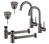 Fortifura Calvi Kit robinet lavabo - pour double vasque - robinet haut - bec rotatif - bonde non-obturable - siphon design bas - Gunmetal PVD 2x SW809350/2x SW769487/2x SW767295