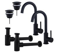 Fortifura Calvi Kit robinet lavabo - pour double vasque - robinet haut - bec rotatif - bonde non-obturable - siphon design bas - Noir mat 2x SW809347/2x SW696205/2x SW696215