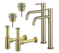 Fortifura Calvi Kit robinet lavabo - pour double vasque - robinet rehaussé - bonde clic clac - siphon design - Laiton brossé PVD 2x SW720546/2x SW696202/2x SW696213
