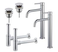 Fortifura Calvi Kit robinet lavabo - pour double vasque - robinet rehaussé - bonde clic clac - siphon design - Chrome brillant 2x SW377813/2x SW696203/2x SW696214