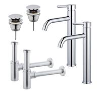 Fortifura Calvi Kit robinet lavabo - pour double vasque - robinet rehaussé - bonde clic clac - siphon design - Chrome brillant 2x SW377811/2x SW696203/2x SW696214