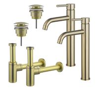 Fortifura Calvi Kit robinet lavabo - pour double vasque - robinet rehaussé - bonde clic clac - siphon design - Laiton brossé PVD 2x SW720549/2x SW696202/2x SW696213