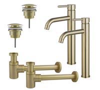 Fortifura Calvi Kit robinet lavabo - pour double vasque - robinet rehaussé - bonde clic clac - siphon design bas - Laiton brossé PVD 2x SW720549/2x SW696202/2x SW696218