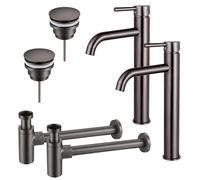 Fortifura Calvi Kit robinet lavabo - pour double vasque - robinet rehaussé - bonde clic clac - siphon design - Gunmetal PVD 2x SW766541/2x SW767288/2x SW767297