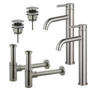 Fortifura Calvi Kit robinet lavabo - pour double vasque - robinet rehaussé - bonde clic clac - siphon design - Inox brossé PVD 2x SW377857/2x SW696201/2x SW696212