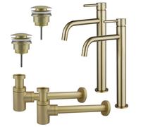 Fortifura Calvi Kit robinet lavabo - pour double vasque - robinet rehaussé - bonde clic clac - siphon design bas - Laiton brossé PVD 2x SW720546/2x SW696202/2x SW696218