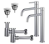 Fortifura Calvi Kit robinet lavabo - pour double vasque - robinet rehaussé - bonde non-obturable - siphon design bas - Chrome brillant 2x SW377813/2x SW696209/2x SW696219