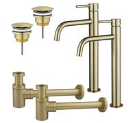 Fortifura Calvi Kit robinet lavabo - pour double vasque - robinet rehaussé - bonde non-obturable - siphon design bas - Laiton brossé PVD 2x SW720546/2x SW696208/2x SW696218