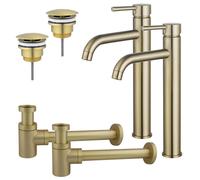 Fortifura Calvi Kit robinet lavabo - pour double vasque - robinet rehaussé - bonde non-obturable - siphon design bas - Laiton brossé PVD 2x SW720549/2x SW696208/2x SW696218