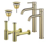 Fortifura Calvi Kit robinet lavabo - pour double vasque - robinet rehaussé - bonde non-obturable - siphon design - Laiton brossé PVD 2x SW720549/2x SW696208/2x SW696213