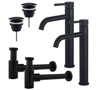Fortifura Calvi Kit robinet lavabo - pour double vasque - robinet rehaussé - bonde non-obturable - siphon design bas - Noir mat 2x SW377834/2x SW696205/2x SW696215