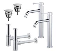 Fortifura Calvi Kit robinet lavabo - pour double vasque - robinet rehaussé - bonde non-obturable - siphon design - Chrome brillant 2x SW377811/2x SW696209/2x SW696214