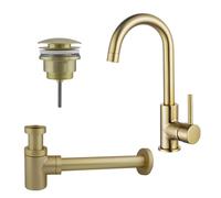 Fortifura Calvi Kit robinet lavabo - robinet haut - bec rotatif - bonde clic clac - siphon design bas - Laiton brossé PVD SW809349/SW696202/SW696218