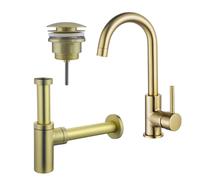Fortifura Calvi Kit robinet lavabo - robinet haut - bec rotatif - bonde clic clac - siphon design - Laiton brossé PVD SW809349/SW696202/SW696213