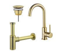 Fortifura Calvi Kit robinet lavabo - robinet haut - bec rotatif - bonde non-obturable - siphon design - Laiton brossé PVD SW809349/SW696208/SW696213