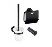 Fortifura Calvi Pack WC 3 pièces - porte-rouleau avec couvercle - brosse de toilette - crochet à serviette simple rond - Noir Mat SW1183143 SW1211586 SW639936