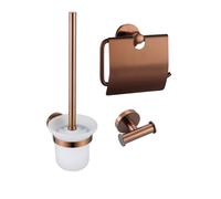 Fortifura Calvi Pack WC 3 pièces - porte-rouleau avec couvercle - brosse de toilette - crochet à serviette double rond - Cuivre brossé PVD (Cuivre) SW1183148 SW1211596 SW970052
