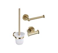 Fortifura Calvi Pack WC 3 pièces - porte-rouleau - brosse de toilette sans couvercle - crochet à serviette double rond - Laiton brossé PVD (Or) SW639940 SW639941 SW1248399