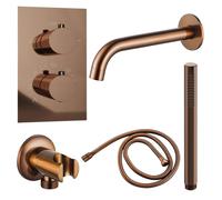 Fortifura Calvi Robinet de baignoire set - bec - 22cm réductible - flexible en métal - douchette à main - partie encastrable - support mural - cuivre brossé PVD SW970045/SW970048/SW970038/SW1122515/SW