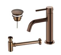 Fortifura Calvi Slim Ensemble de robinet lavabo - bas - bonde non-obturable - siphon bas design - Cuivre SW799405 / SW970029 / SW799403