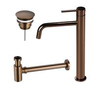 Fortifura Calvi Slim Ensemble de robinet lavabo - rehaussé - bonde non-obturable - siphon bas design - Cuivre SW799403/SW970030/SW799405
