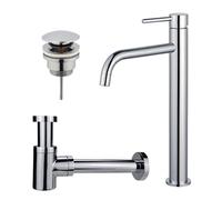 Fortifura Calvi Slim Kit mitigeur lavabo - robinet rehaussé - bonde clic clac - siphon design bas - Chrome brillant SW377813/SW696203/SW696219