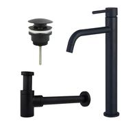 Fortifura Calvi Slim Kit mitigeur lavabo - robinet rehaussé - bonde clic clac - siphon design bas - Noir mat SW377836/SW696199/SW696215