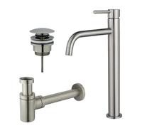 Fortifura Calvi Slim Kit mitigeur lavabo - robinet rehaussé - bonde clic clac - siphon design bas - PVD Inox brossé SW377859/SW696201/SW696217