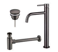 Fortifura Calvi Slim Kit mitigeur lavabo - robinet rehaussé - bonde clic clac - siphon design - PVD Gunmetal SW766539/SW767288/SW767297