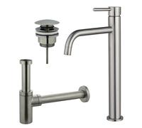 Fortifura Calvi Slim Kit mitigeur lavabo - robinet rehaussé - bonde clic clac - siphon design - PVD Inox brossé SW377859/SW696201/SW696212
