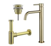 Fortifura Calvi Slim Kit mitigeur lavabo - robinet rehaussé - bonde clic clac - siphon design - PVD Laiton brossé SW720546/SW696202/SW696213
