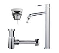 Fortifura Calvi Slim Kit mitigeur lavabo - robinet rehaussé - bonde non-obturable - siphon design bas - Chrome brillant SW377813/SW696209/SW696219