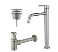 Fortifura Calvi Slim Kit mitigeur lavabo - robinet rehaussé - bonde non-obturable - siphon design bas - PVD Inox brossé SW377859/SW696207/SW696217