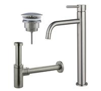Fortifura Calvi Slim Kit mitigeur lavabo - robinet rehaussé - bonde nonobturable - siphon design - PVD Inox brossé SW377859/SW696207/SW696212