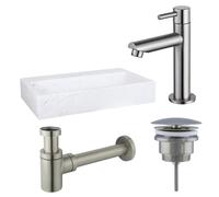 Fortifura Fuente Pack Lave-mains - 38x24x8cmcm - 1 trou de robinet - marbre - robinet Inox brossé - Blanc SW696237/SW696207/SW696217/SW451336