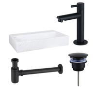Fortifura Fuente Pack Lave-mains - 38x24x8cmcm - 1 trou de robinet - marbre - robinet Noir mat - Blanc SW696235/SW696205/SW696215/SW451336