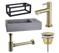 Fortifura Fuente Pack Lave-mains - 40x22x23.5cm - 1 trou de robinet - cadre noir - robinet Laiton brossé - Béton SW696238/SW696208/SW696218/SW373151/SW405221