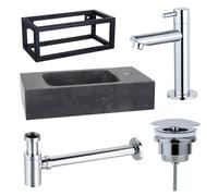 Fortifura Fuente Pack Lave-mains - 40x22x24.5cm - 1 trou de robinet - pierre naturelle - cadre noir - robinet Chrome - Noir SW696234/SW696209/SW696219/SW373151/SW533192