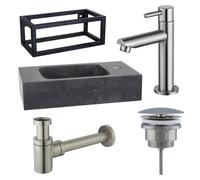 Fortifura Fuente Pack Lave-mains - 40x22x24.5cm - 1 trou de robinet - pierre naturelle - cadre noir - robinet Inox - Noir SW696237/SW696207/SW696217/SW373151/SW533192