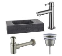Fortifura Fuente Pack Lave-mains - 40x22x9cm - 1 trou de robinet - pierre naturelle - robinet Inox brossé - Noir SW696237/SW696207/SW696217/SW533192