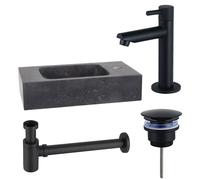 Fortifura Fuente Pack Lave-mains - 40x22x9cm - 1 trou de robinet - pierre naturelle - robinet Noir mat - Noir SW696235/SW696205/SW696215/SW533192
