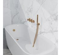 Fortifura Nebbio Ensemble combiné bain - robinet thermostatique - coude mural avec support de douchette - flexible de douche lisse - barre de douchette - Remplissage-vidage de baignoire - laiton bross