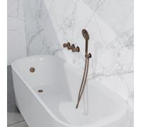 Fortifura Nebbio Ensemble combiné bain - robinet thermostatique - coude mural avec support de douchette - flexible de douche métallique - douchette ronde - Remplissage-vidage de baignoire - cuivre bro