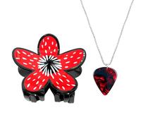 Fortivae Stranger Collier Pendentif avec Médiator Eddie, 2 Pièces Collier Rock avec Barrette à Cheveux Dart Demogorgon pour Les Fans de Stranger, Cadeau Cosplay Unique