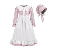 FORTMAC Prairie Dress - Costume colonial des années 1800 pour fille - Costume de pèlerin floral avec tablier et bonnet, rose, 7 à 8 ans