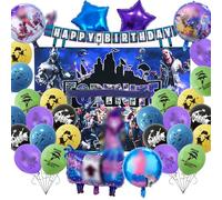 Fortni-t Lot de 28 ballons de décoration d'anniversaire avec fond en tissu Happy Birthday, bannière Happy Birthday, décoration de fête d'anniversaire pour fille