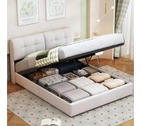 Fortuna Coffre 160x200 cm avec Sommier - Lit Double Capitonné avec Éclairage LED et Tête de Lit à Lattes, Flanelle (Beige)