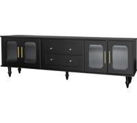 Fortuna Lai 177 cm Armoire TV rétro, poignées dorées, 2 tiroirs, porte en verre et pieds en bois massif, noir
